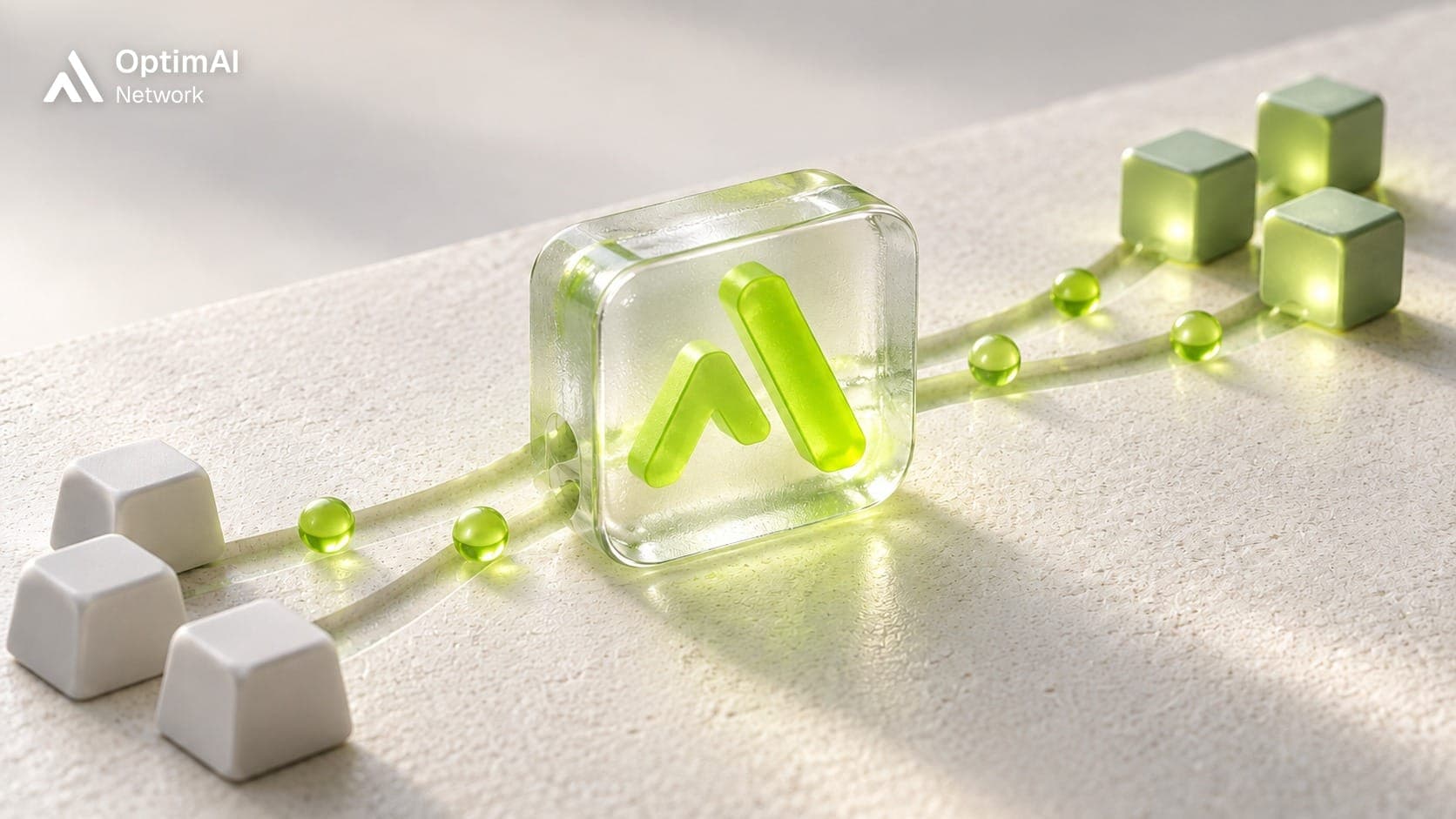 A frosted glass Router block with the lime OptimAI mark, linking white builder keys to glowing green computer cubes